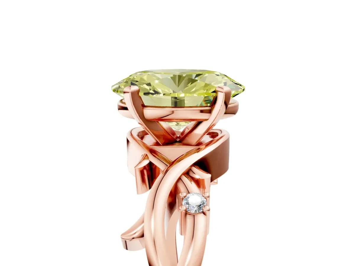 Fancy Yellow Oval Cut Diamond Solitaire Ring with Twisted Band and Prong Setting Rose gold