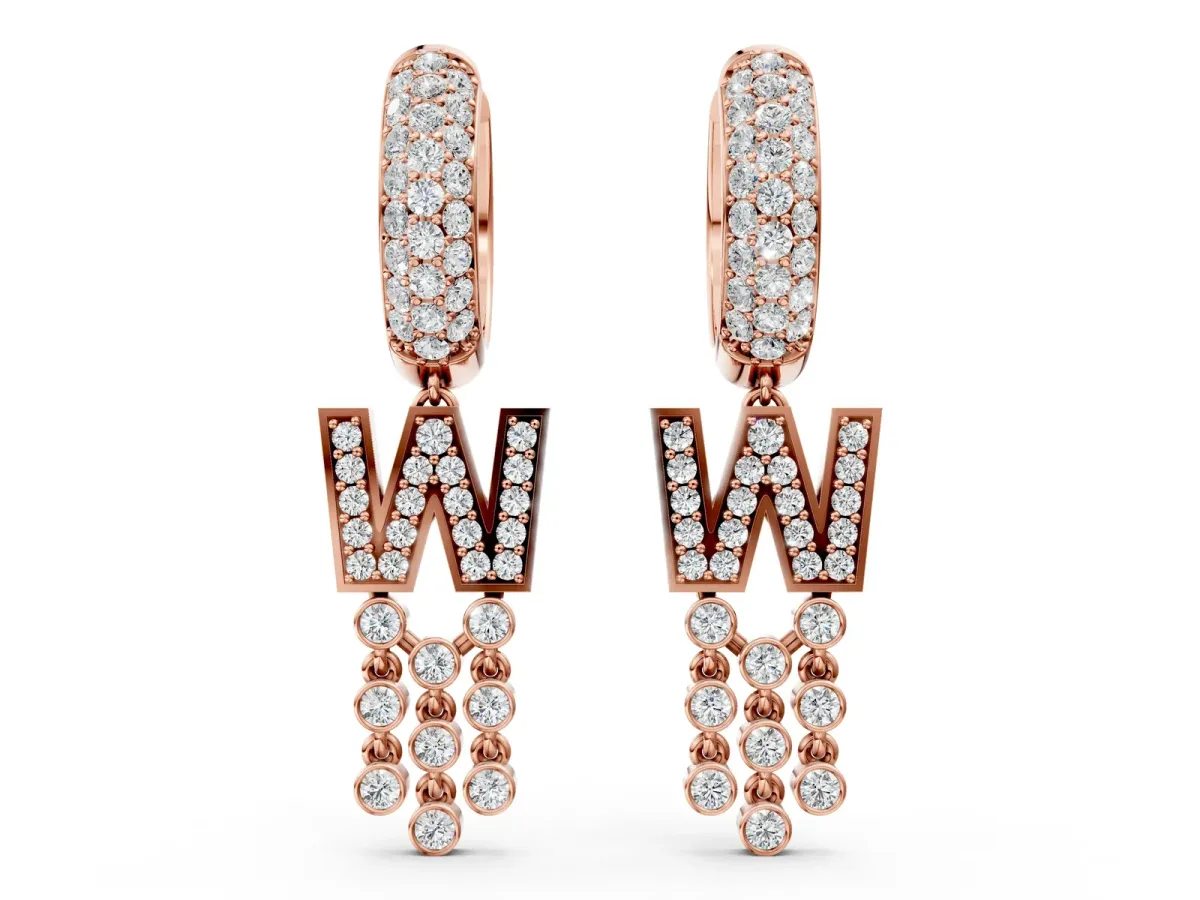 Round Diamond Initial W Huggie Hoop Earrings Rose gold