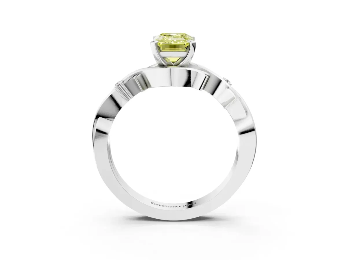 Fancy Yellow Emerald Cut Diamond Solitaire Ring with Twisted Band and Prong Setting Silver