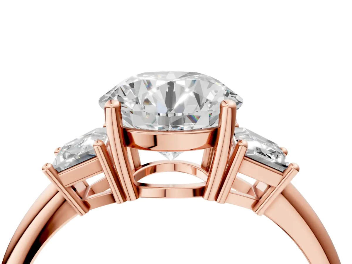 Round Cut Diamond Three-Stone Ring with Trapezoid Side Stones and Prong Setting Rose gold