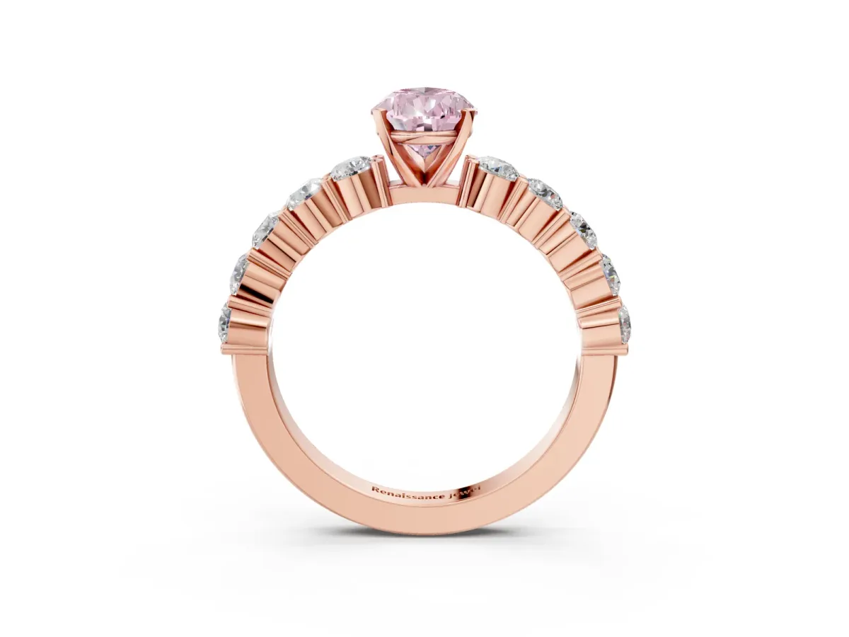 Fancy Pink Pear Cut Diamond Solitaire Ring with Shared Prong Round Side Stones Rose gold