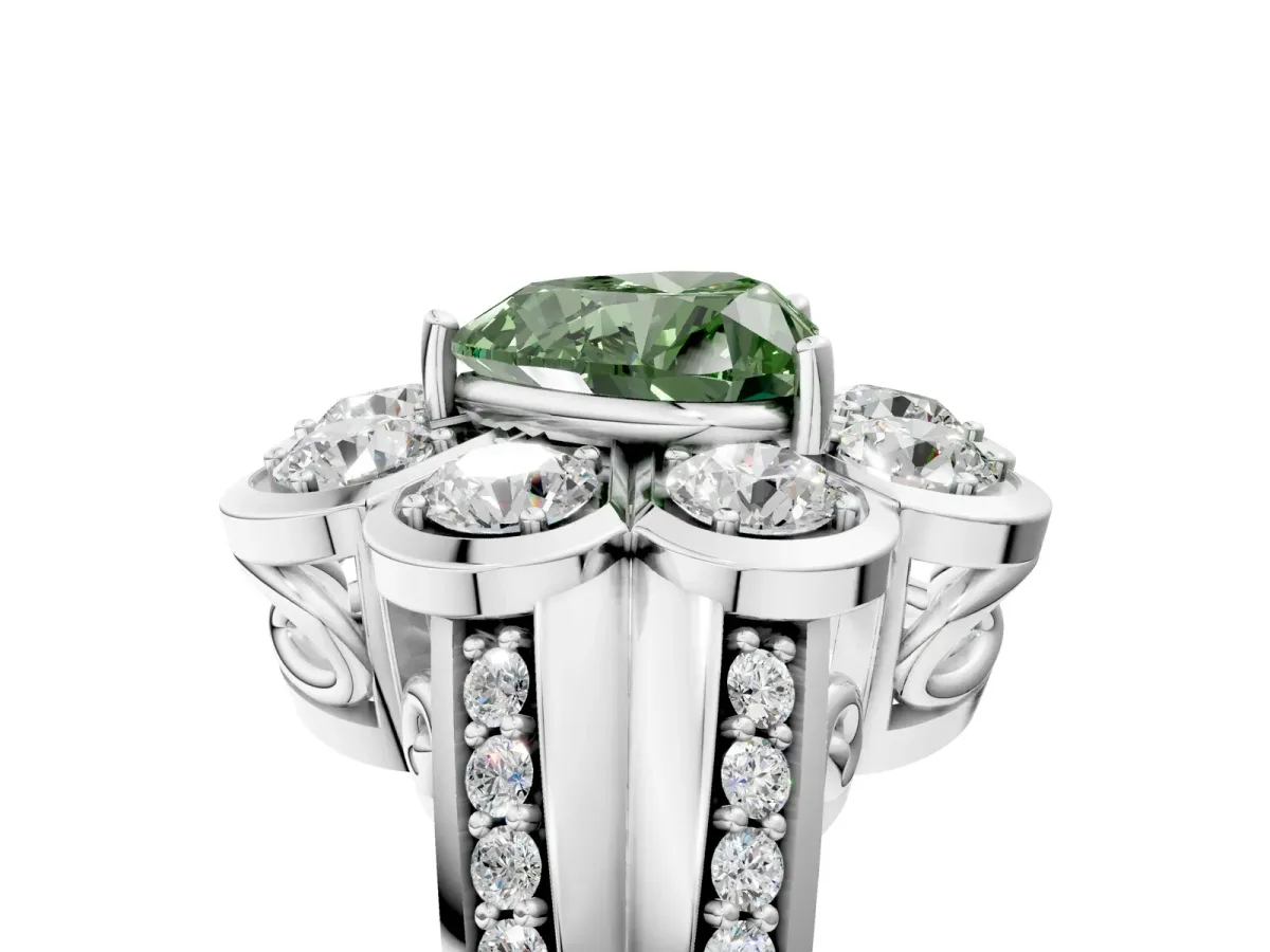 Fancy Green Heart Cut Brilliant Flower Halo Diamond Split Shank Ring Platinum