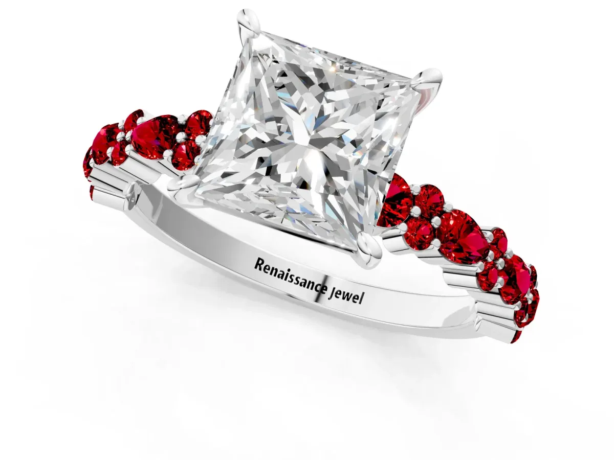 Princess Cut Diamond Side Stone Solitaire Ring with Round Ruby and Four-Prong Setting White gold