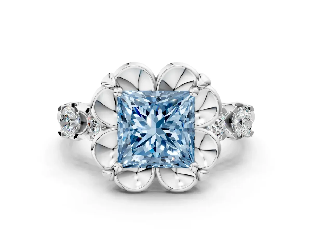 Fancy Blue Princess Cut Cut Diamond Floral Halo Engagement Ring with Shared Prong Setting Silver