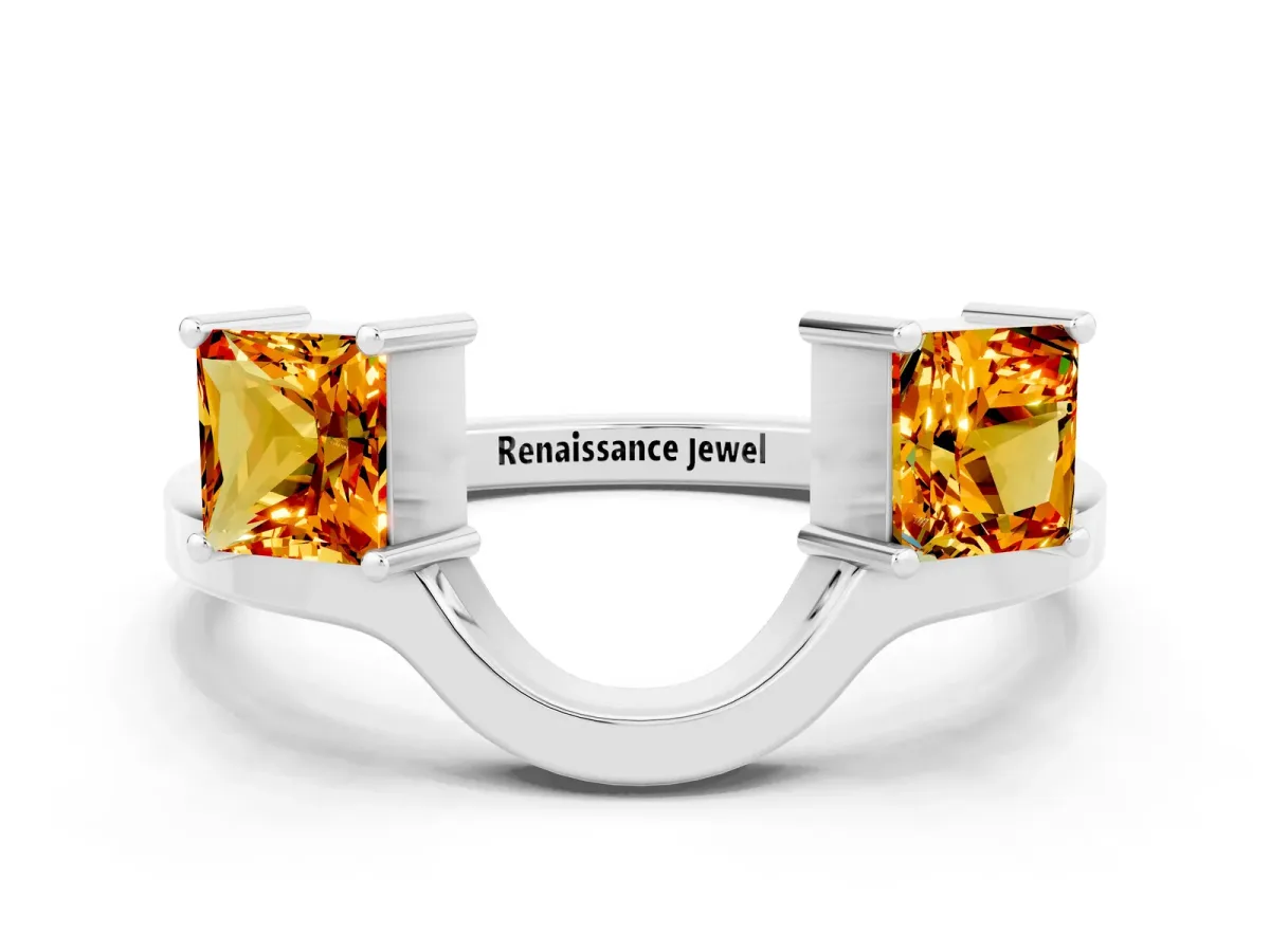Princess Cut Citrine Two-Stone Open Band Ring with Four-Prong Setting Silver
