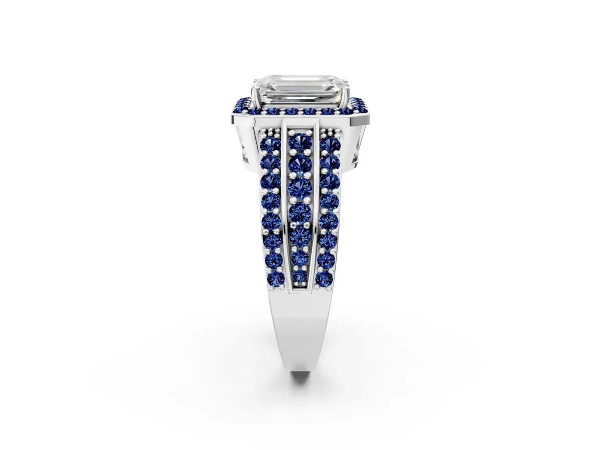 Emerald Cut Halo Diamond Ring with Round Blue Sapphire Split Shank and Prong Setting Silver