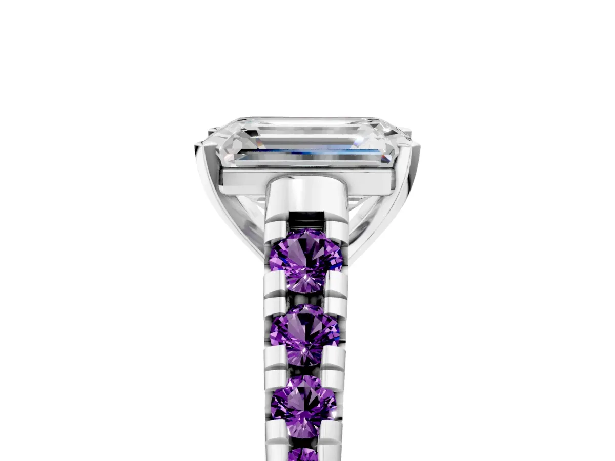 Emerald Cut Diamond Cathedral Solitaire Ring with Round Amethyst Pavé Band Platinum