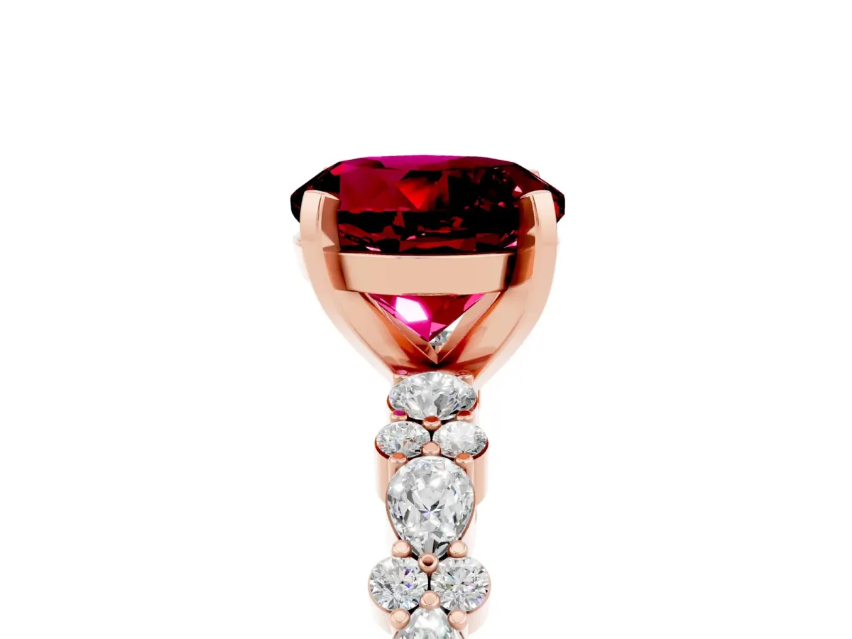 Round Cut Garnet Side Stone Solitaire Ring with Round and Four-Prong Setting Rose gold