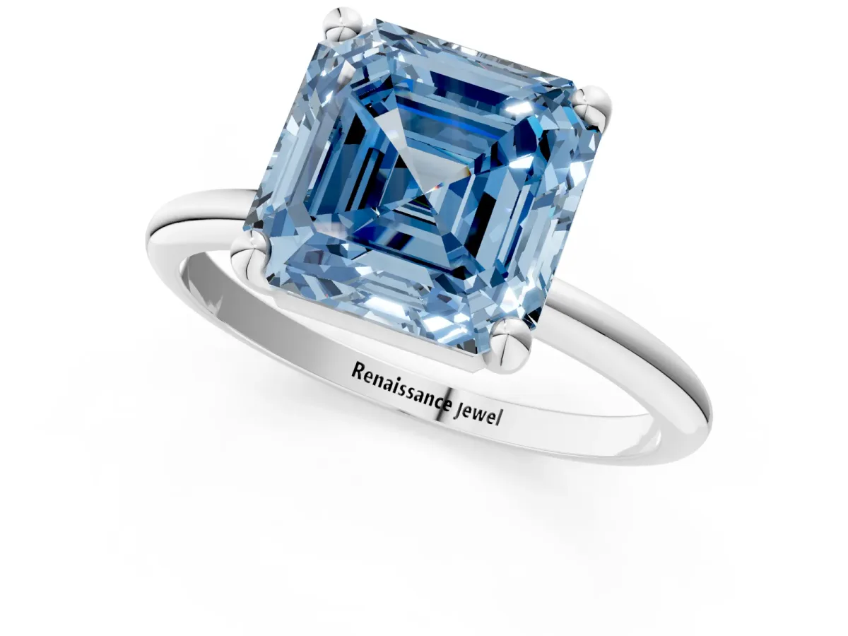 Fancy Blue Asscher Cut Solitaire Diamond Ring with 4-Prong Setting on a Classic Band White gold