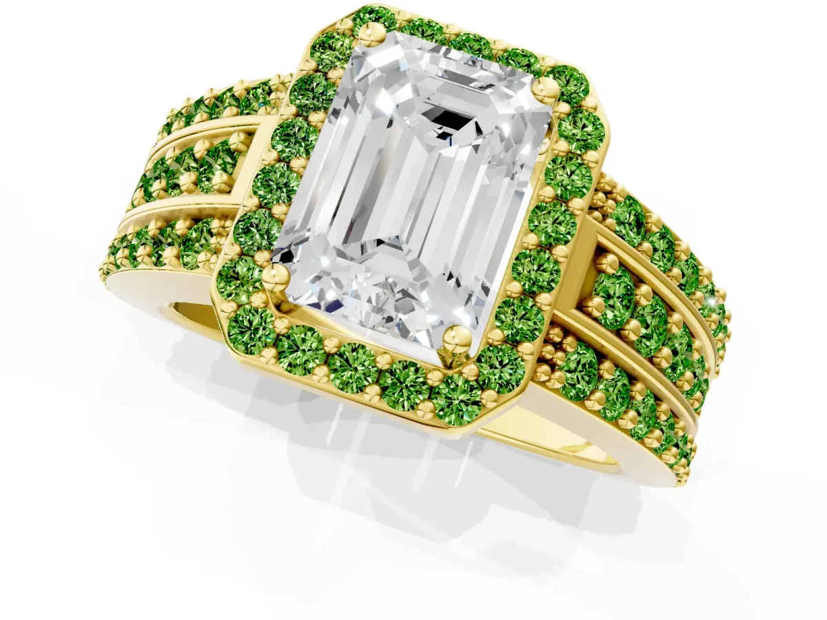 Emerald Cut Halo Diamond Ring with Round Peridot Split Shank and Prong Setting Yellow gold