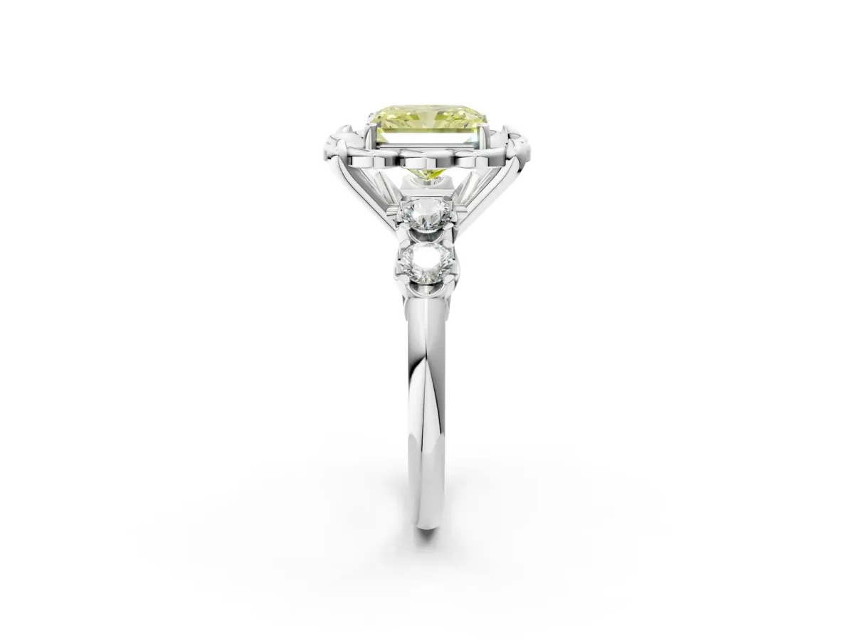 Fancy Yellow Radiant Cut Cut Diamond Floral Halo Engagement Ring with Shared Prong Setting Silver