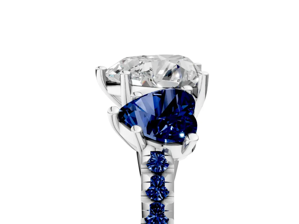 Three-Stone Heart Cut Diamond Ring with Round Blue Sapphire Pavé Band and Prong Setting Silver