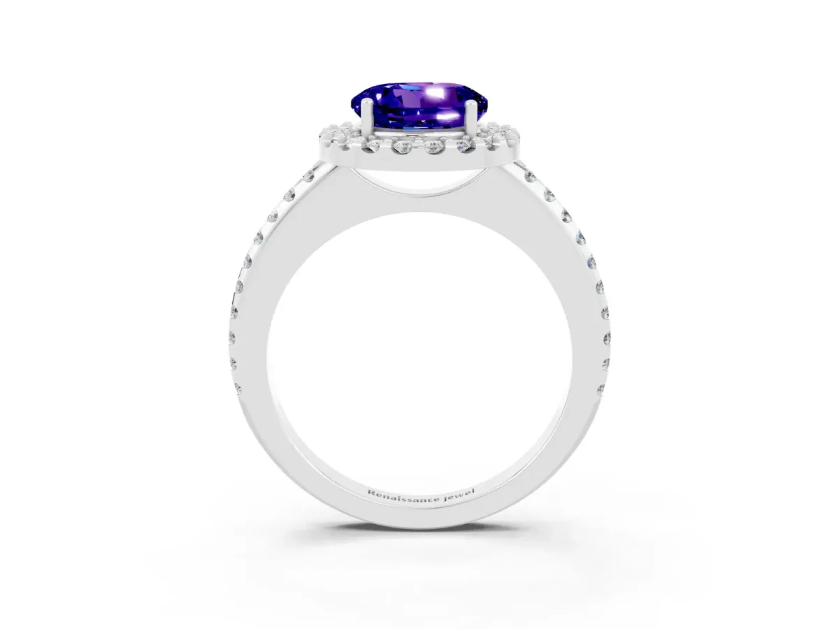 Round Cut Tanzanite Pavé Halo Ring with Four-Prong Setting Platinum