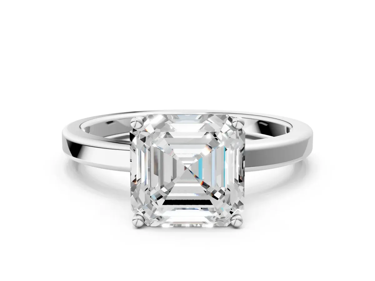 Asscher Cut Cut Solitaire Engagement Ring with Four-Prong Setting on a Classic Band Platinum