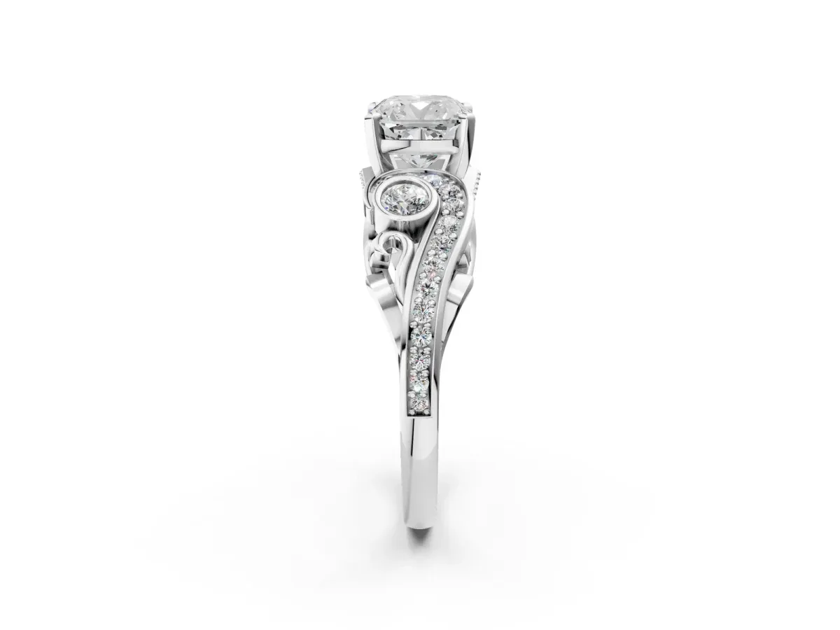 Cushion Cut Diamond Solitaire Ring with Milgrain Pavé Band and Four-Prong Setting Silver