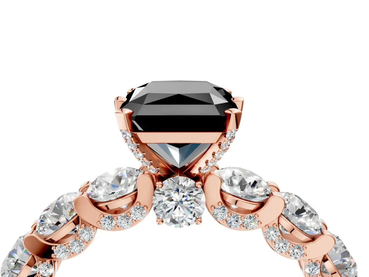 Fancy Black Radiant Cut Diamond Side Stone Engagement Ring with Four-Prong Setting Rose gold