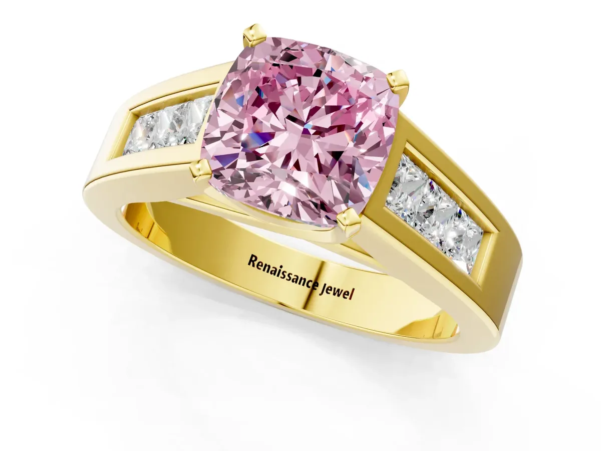 Fancy Pink Cushion Cut Cut Channel Set Solitaire Ring with Four-Prong Setting Yellow gold