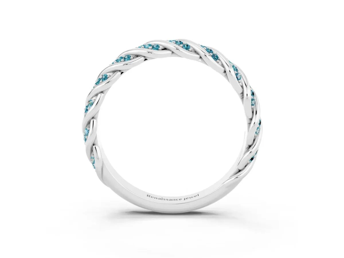Twisted Pavé Round Blue Topaz Eternity Band with Shared Prong Setting White gold
