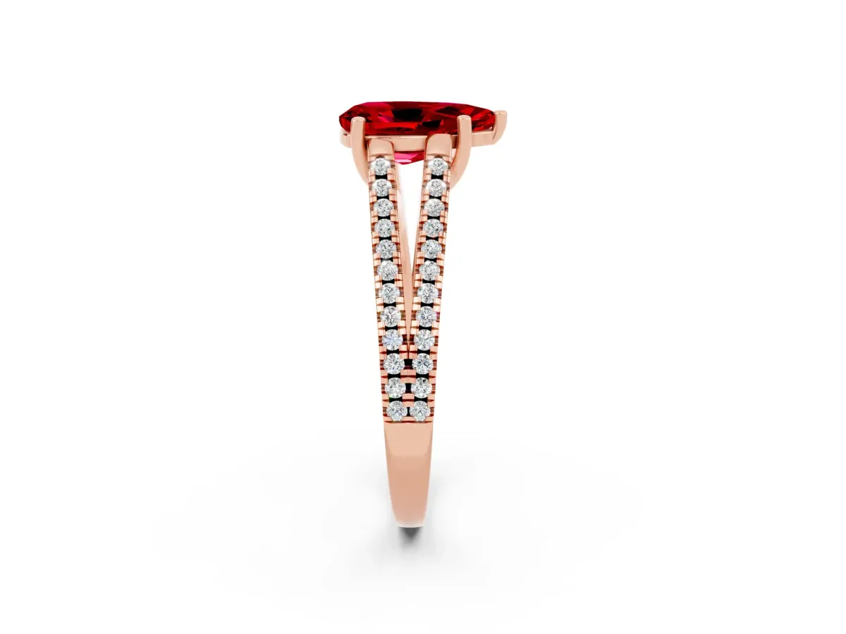 Pear Cut Ruby Solitaire Engagement Ring with Split Shank Pavé Band Rose gold