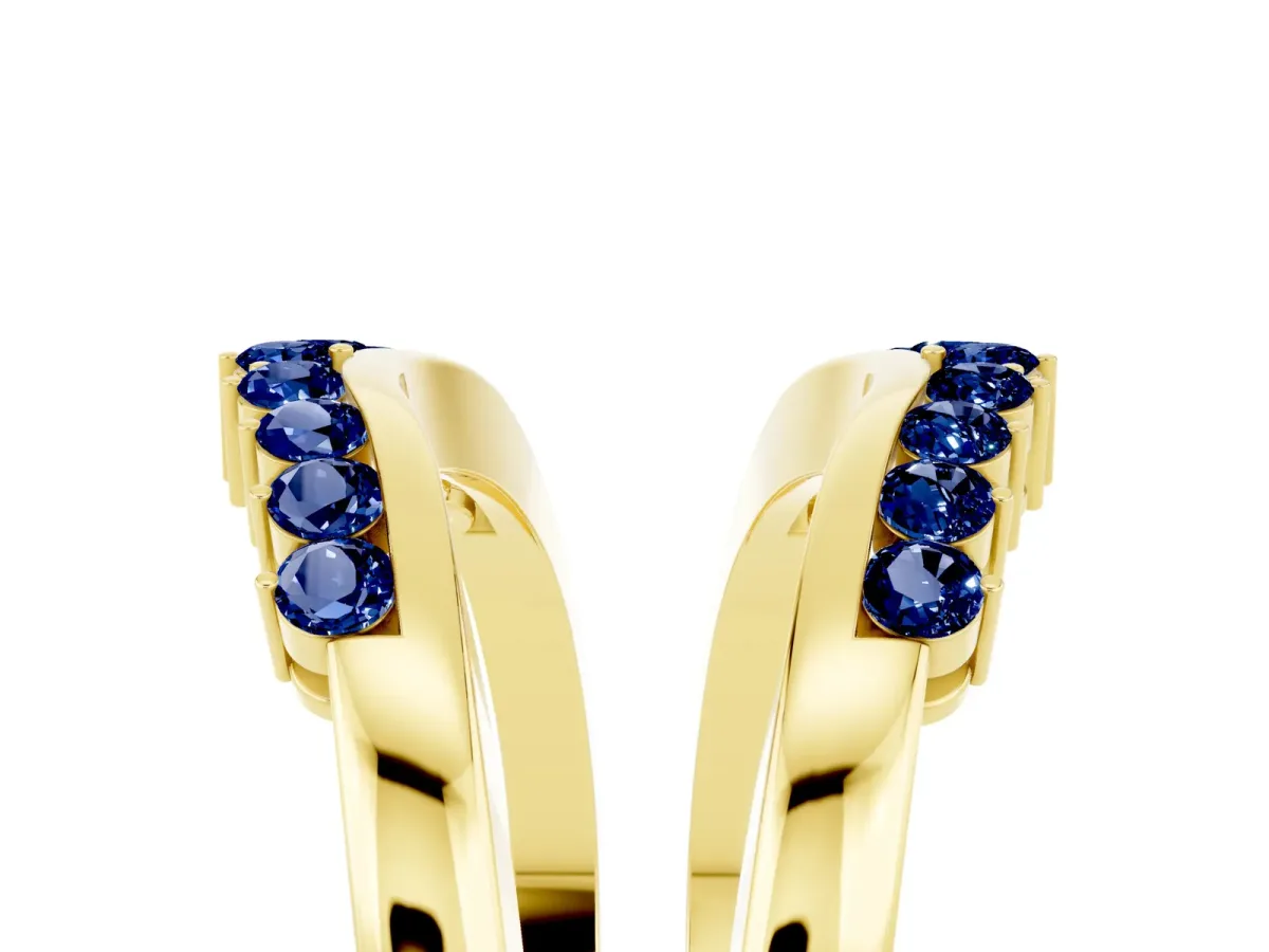 Round Blue Sapphire Chevron Contour Band with Prong Setting Yellow gold