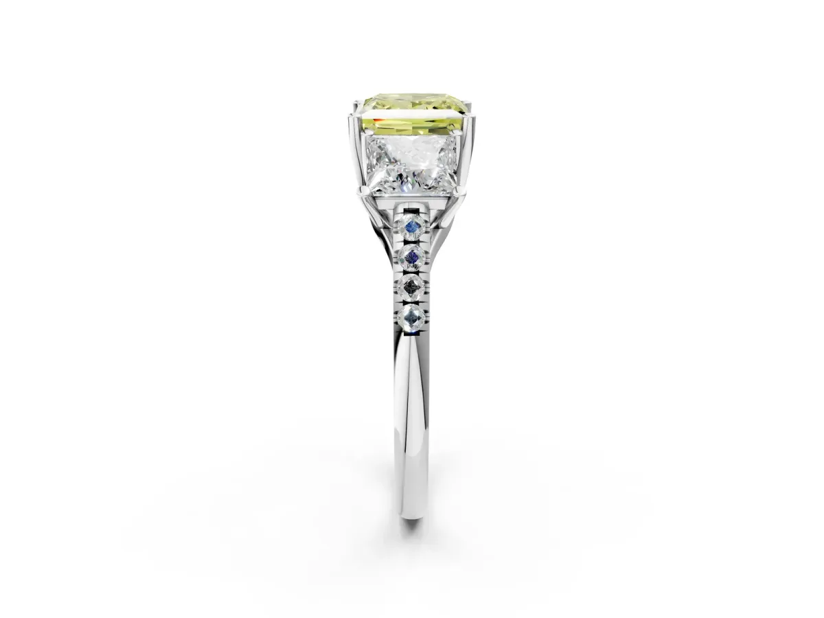 Fancy Yellow Three-Stone Princess Cut Diamond Ring with Round Pavé Band and Prong Setting Silver