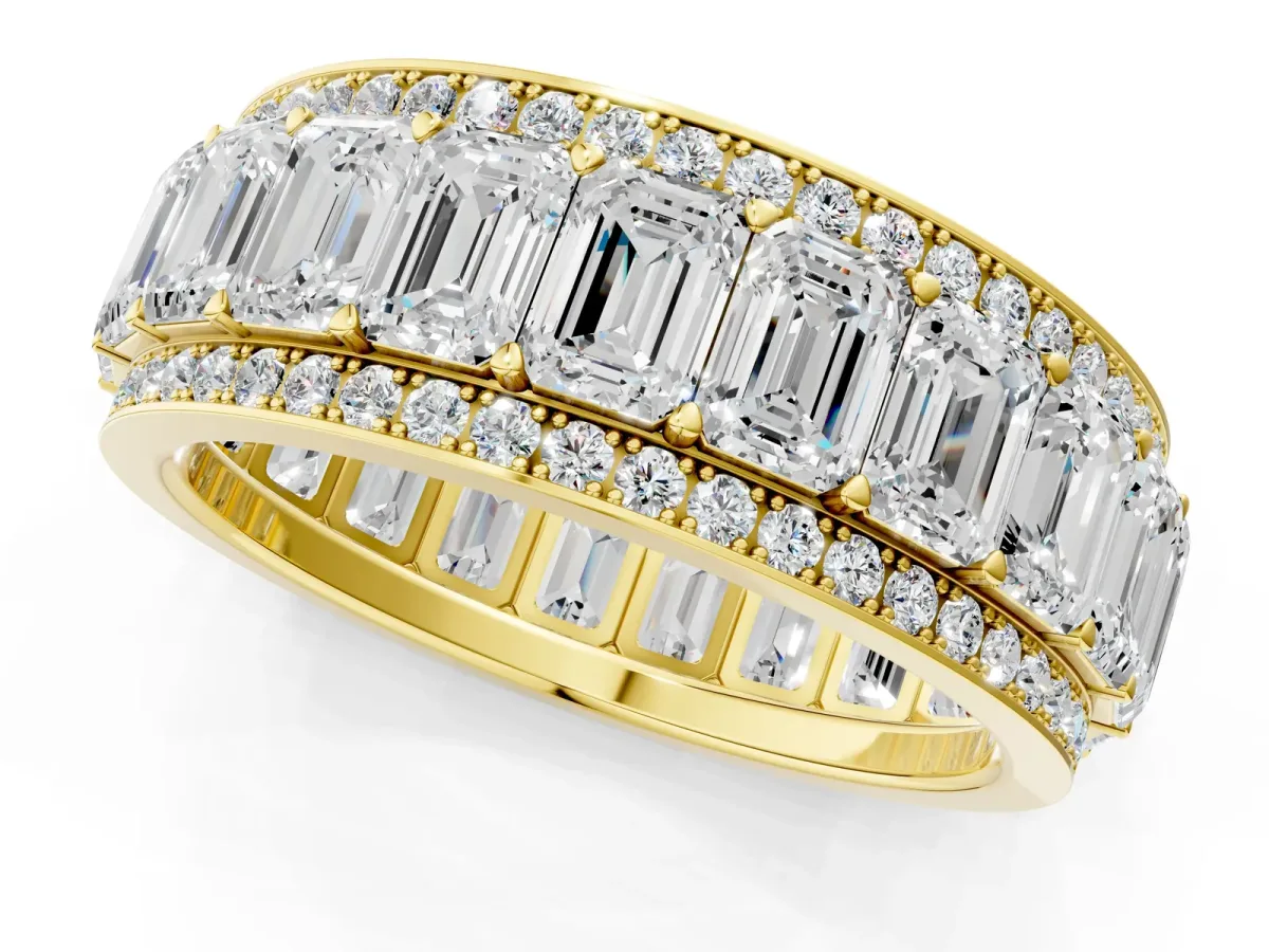 Emerald Cut and Round Diamond Multi-Row Mens Band Yellow gold