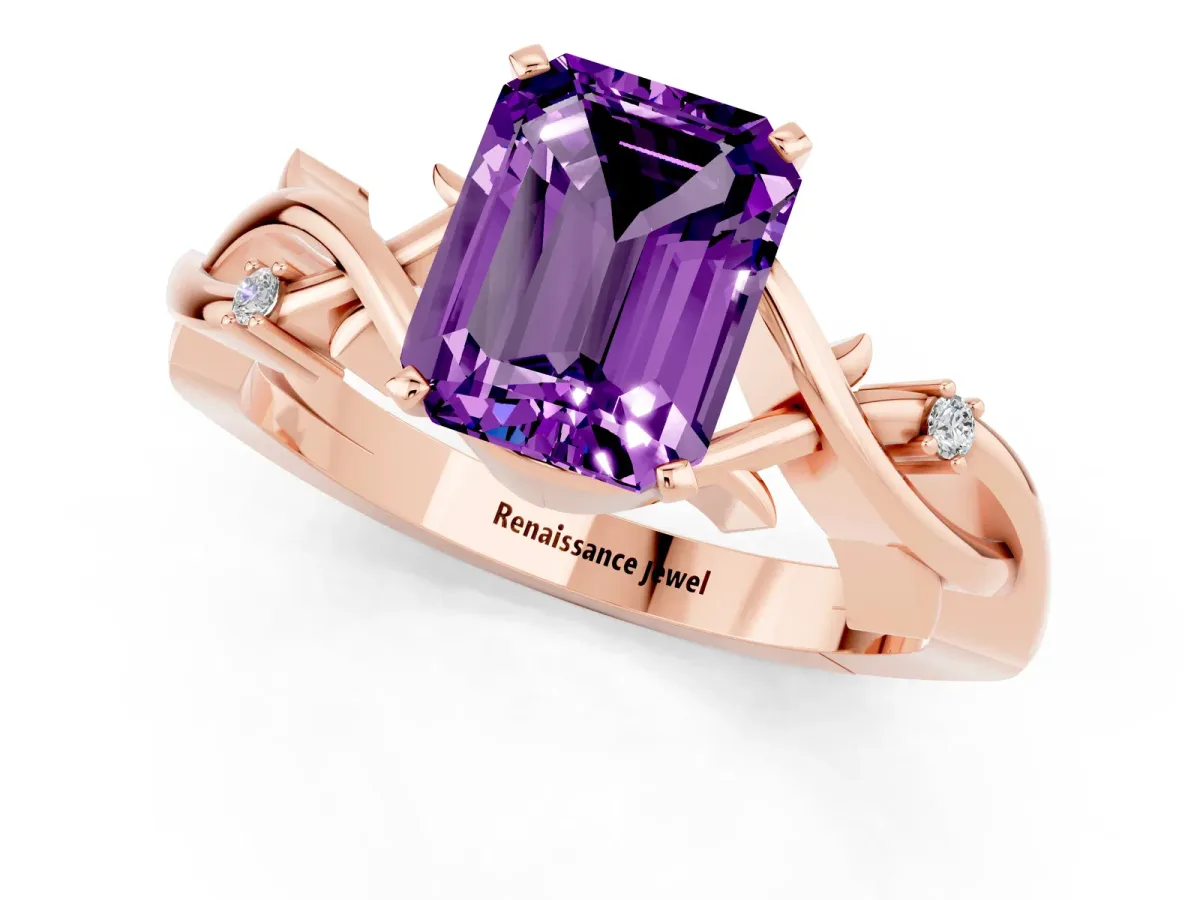 Emerald Cut Amethyst Solitaire Ring with Twisted Band and Prong Setting Rose gold