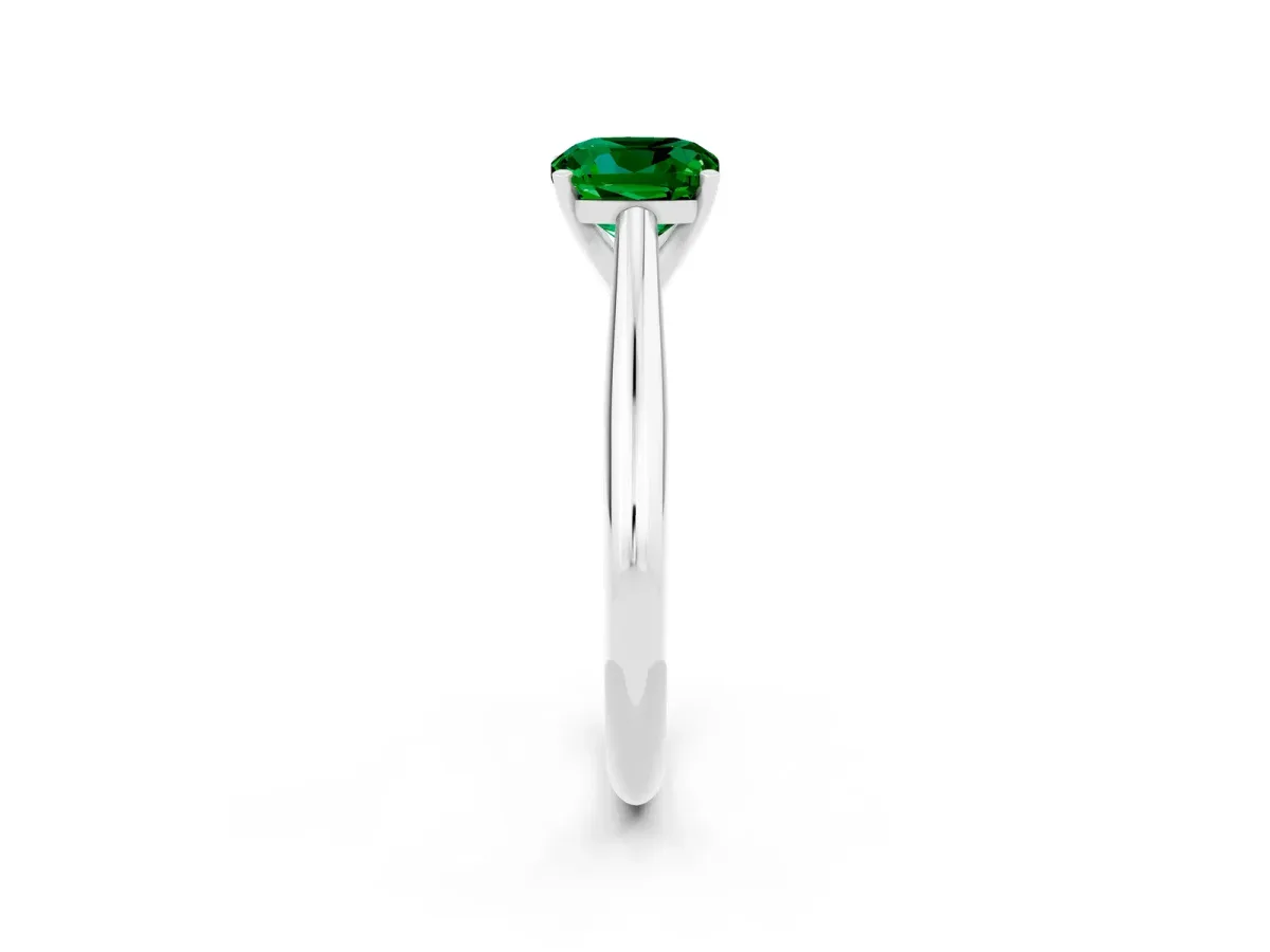 Cushion Cut Emerald Solitaire Engagement Ring with Cathedral Setting and Four-Prong Mount White gold