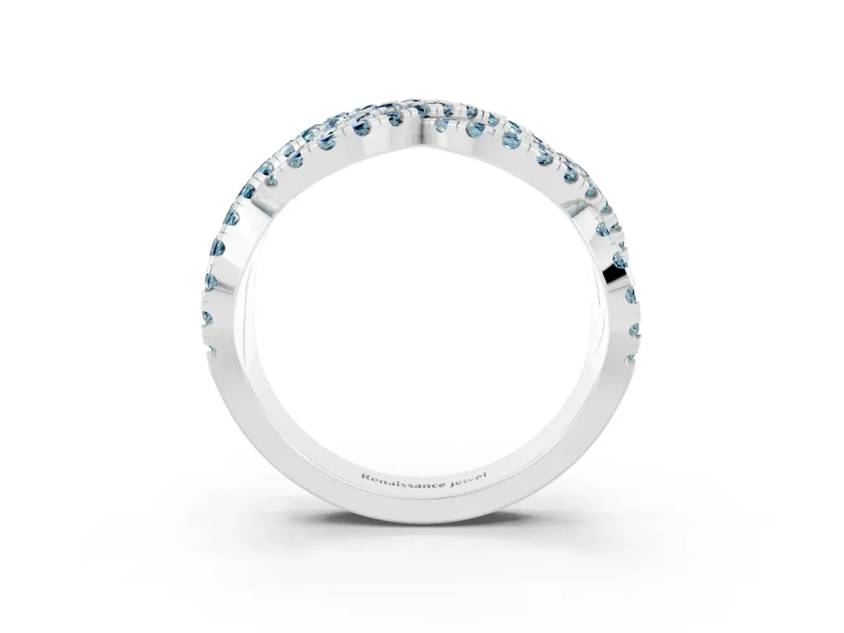 Pavé Round Aquamarine Infinity Twist Band with Shared Prong Setting White gold