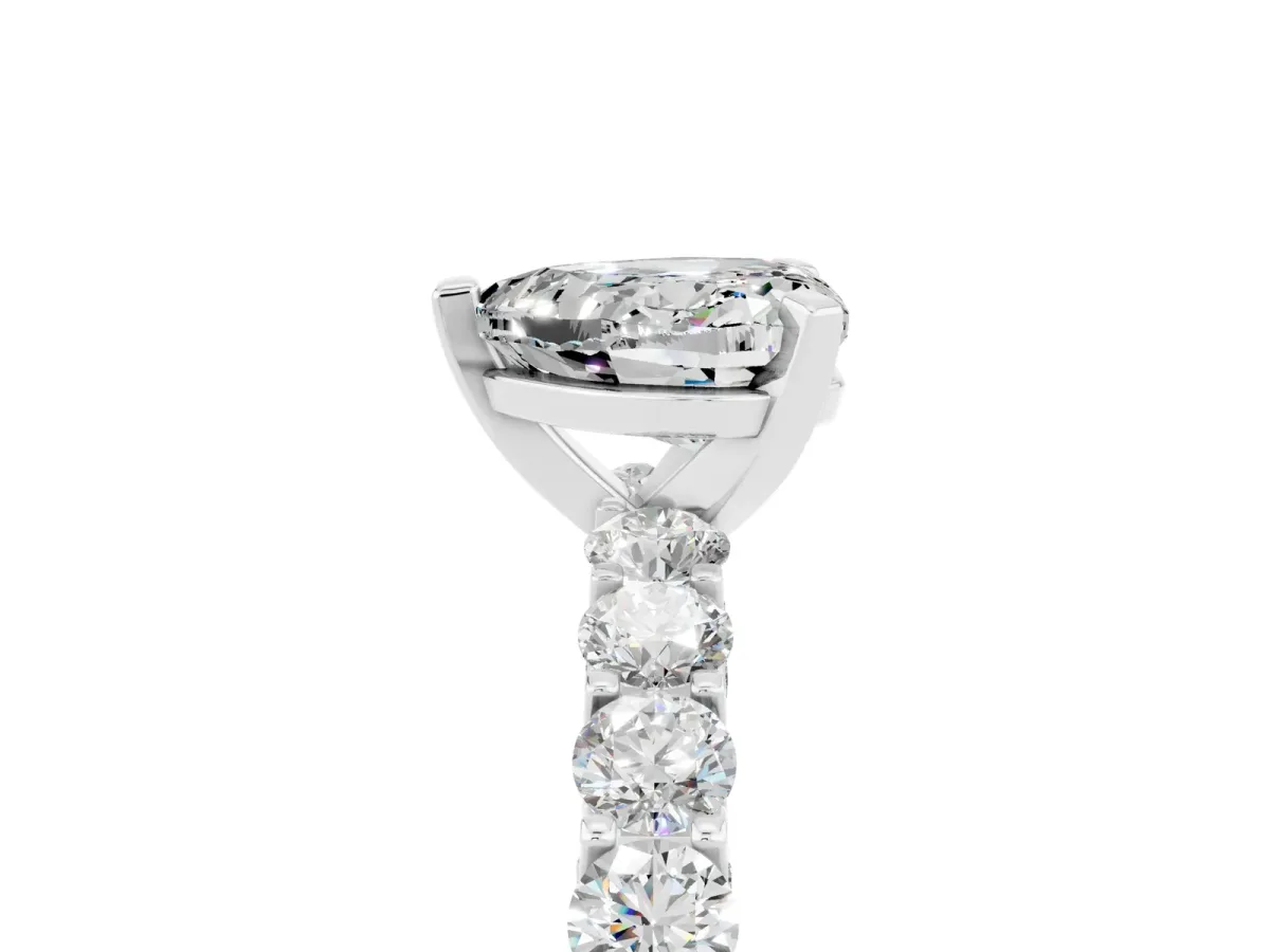Heart Cut Moissanite Solitaire Ring with Shared Prong Pavé Band and Four-Prong Setting Silver