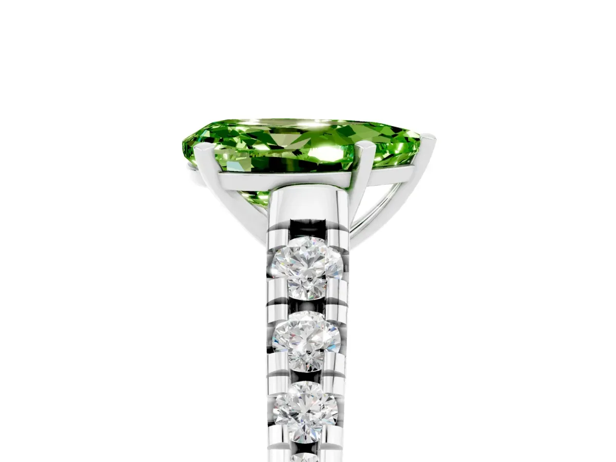 Pear Cut Peridot Cathedral Solitaire Ring with Round Pavé Band Platinum
