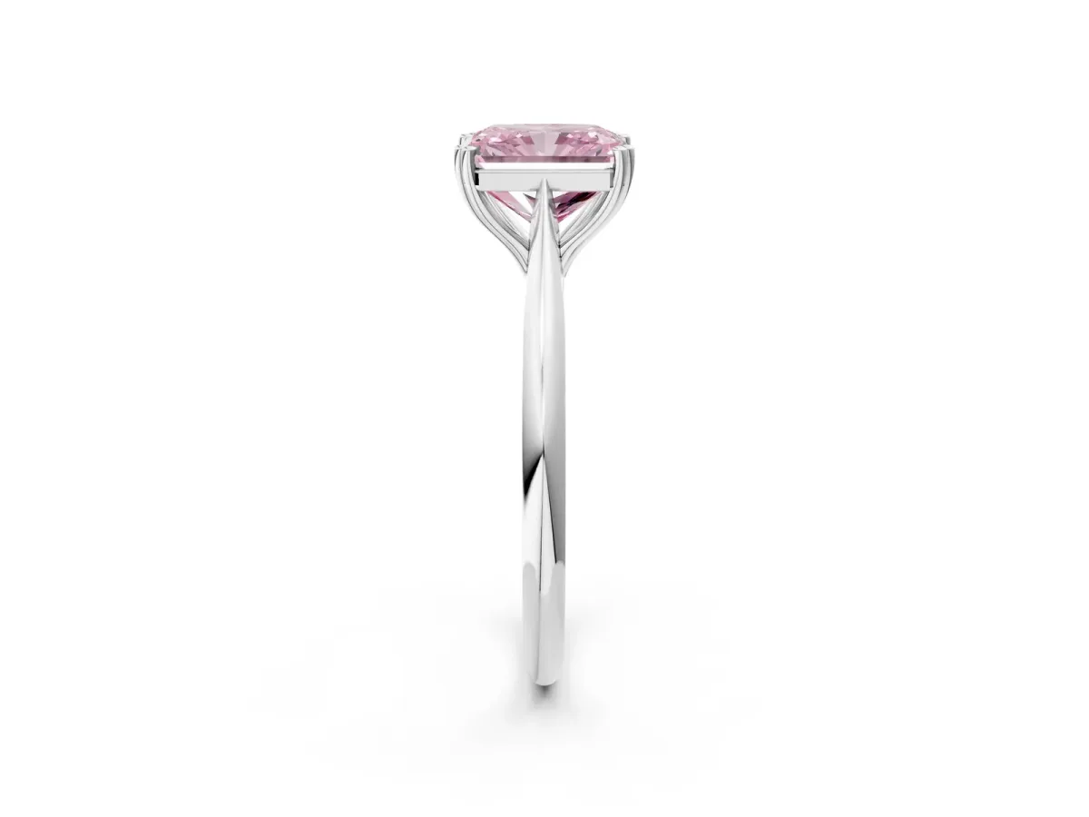 Fancy Pink Radiant Cut Solitaire Diamond Ring with Six-Prong Setting and Classic Band Platinum