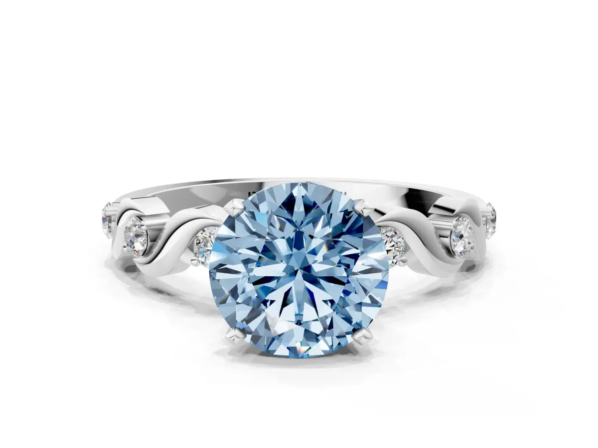 Fancy Blue Round Cut Diamond Solitaire Twisted Band with Round Accents and Prong Setting Silver