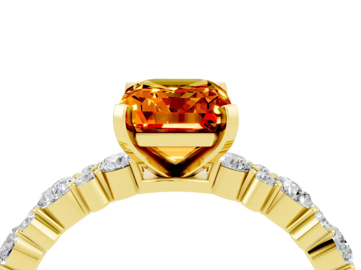 Emerald Cut Citrine Side Stone Solitaire Ring with Round and Four-Prong Setting Yellow gold