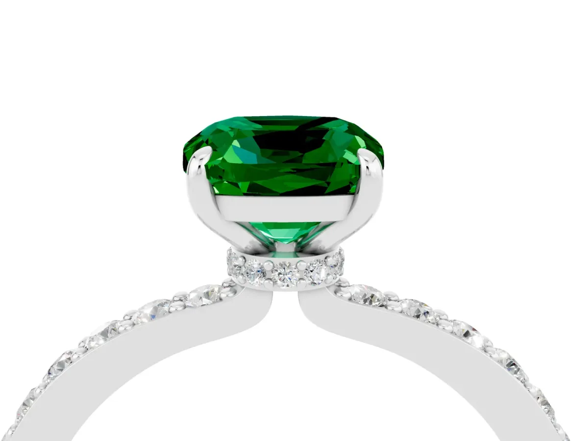 Cushion Cut Emerald Solitaire Engagement Ring with Pavé Band and Four-Prong Setting Silver