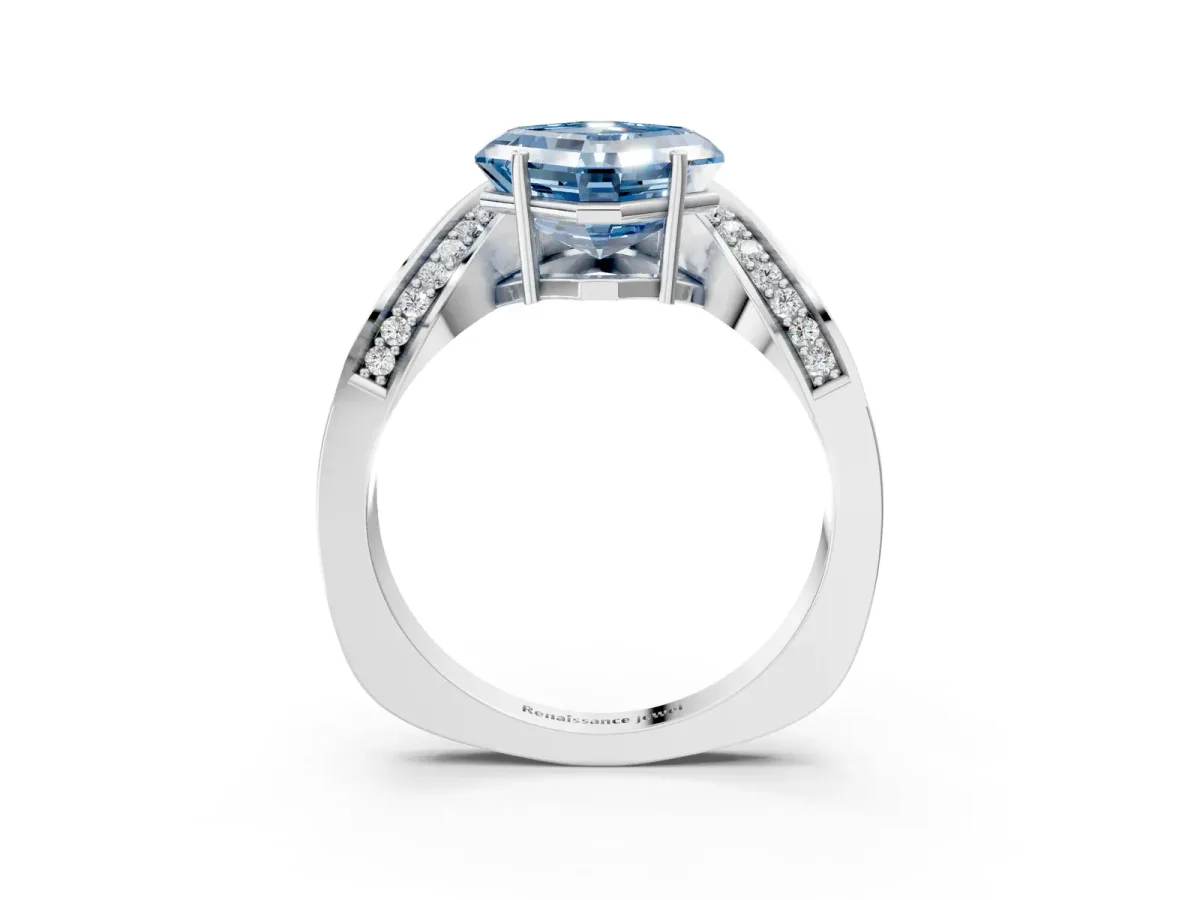 Fancy Blue Asscher Cut Solitaire Diamond Engagement Ring with Pave Band and Four-Prong Setting Silver