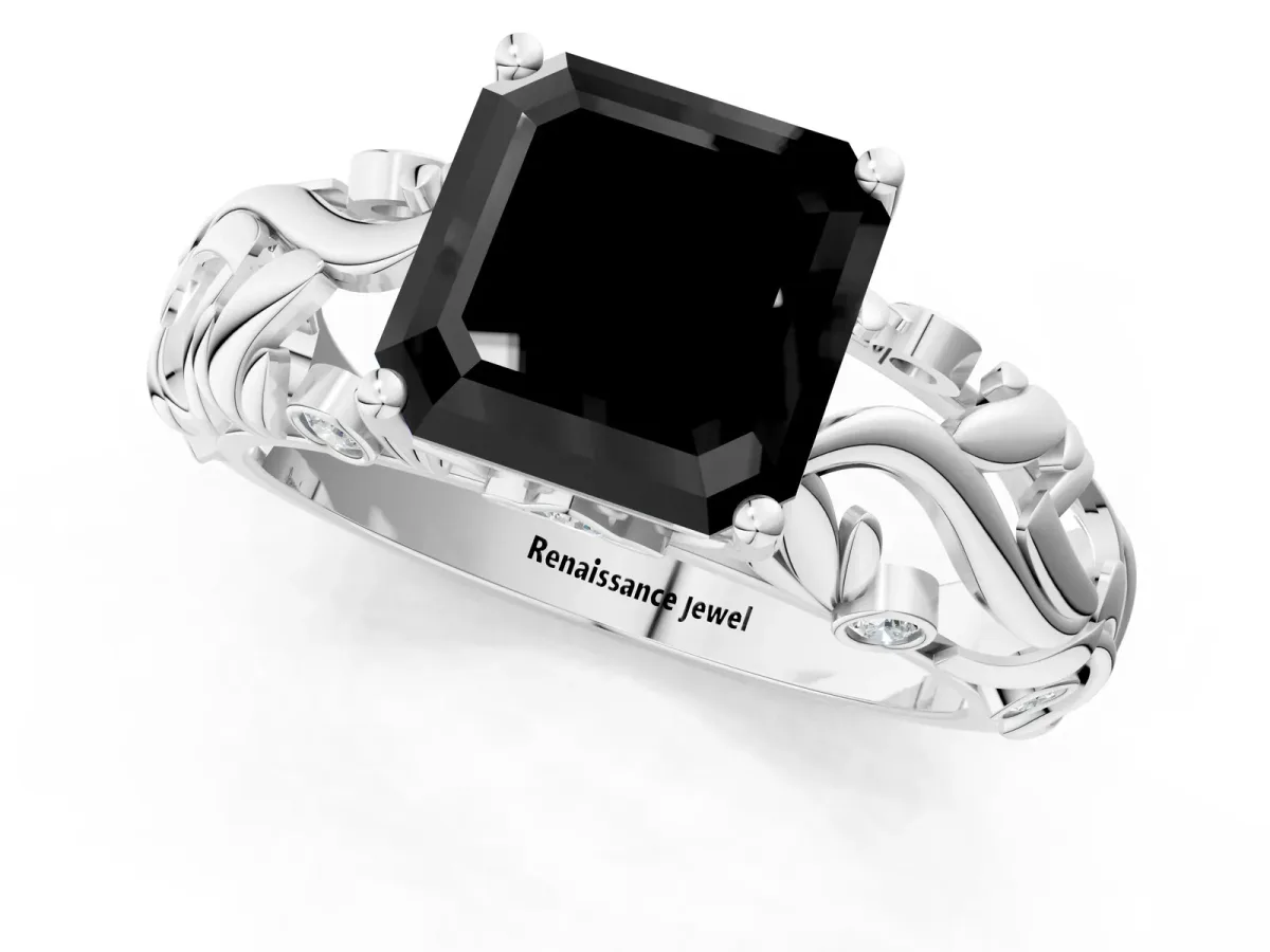 Fancy Black Asscher Cut Solitaire Diamond Leaf-Inspired Vine Band Ring with Prong Setting Platinum
