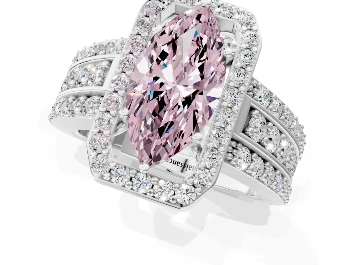 Fancy Pink Marquise Cut Halo Diamond Ring with Round Split Shank and Prong Setting Silver