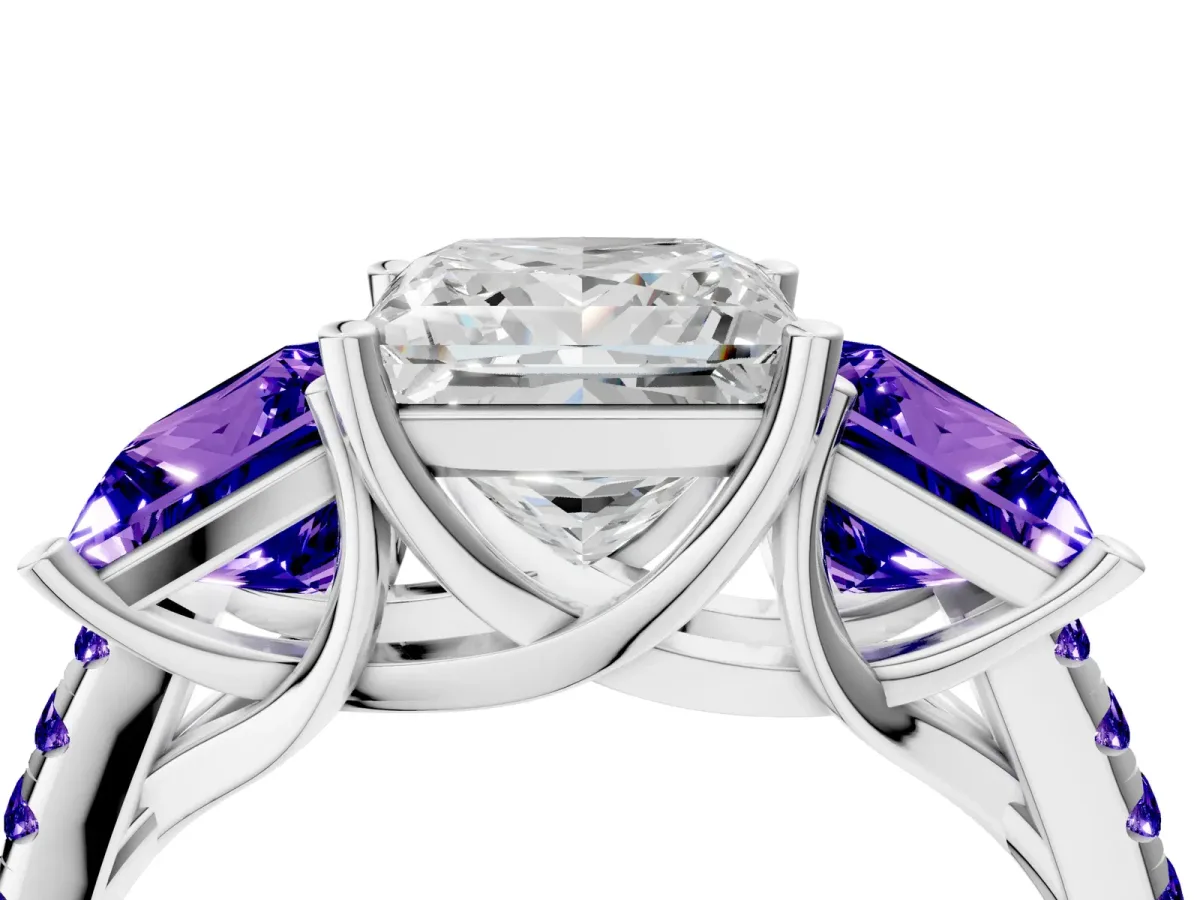 Three-Stone Princess Cut Diamond Ring with Round Tanzanite Pavé Band and Prong Setting Silver
