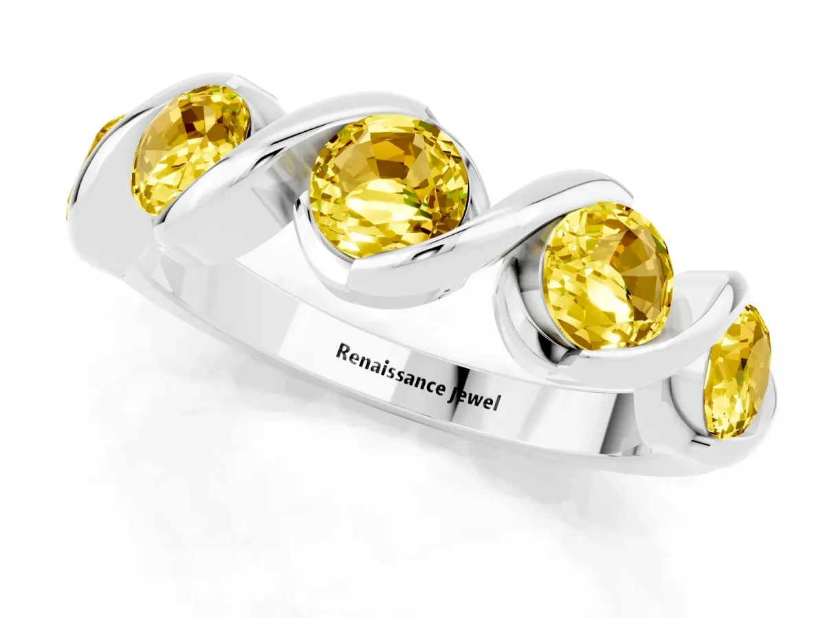 Round Yellow Sapphire Wave Band with Channel Setting and Shared Prongs Platinum