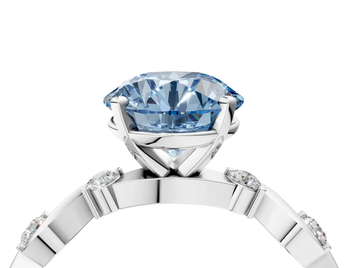 Fancy Blue Round Cut Diamond Solitaire Twisted Band with Round Accents and Prong Setting Silver