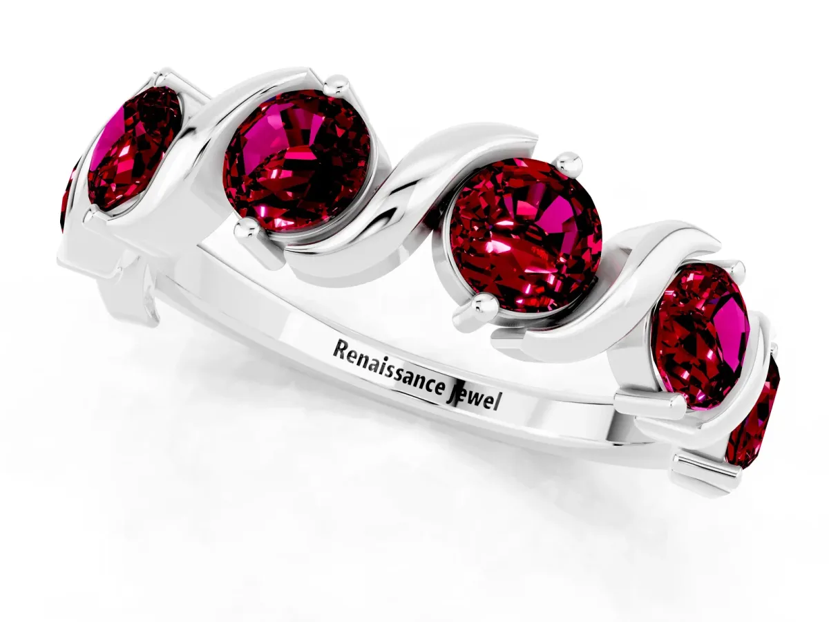 Six-Stone Round Garnet Wave Band with Shared Prong Setting Silver