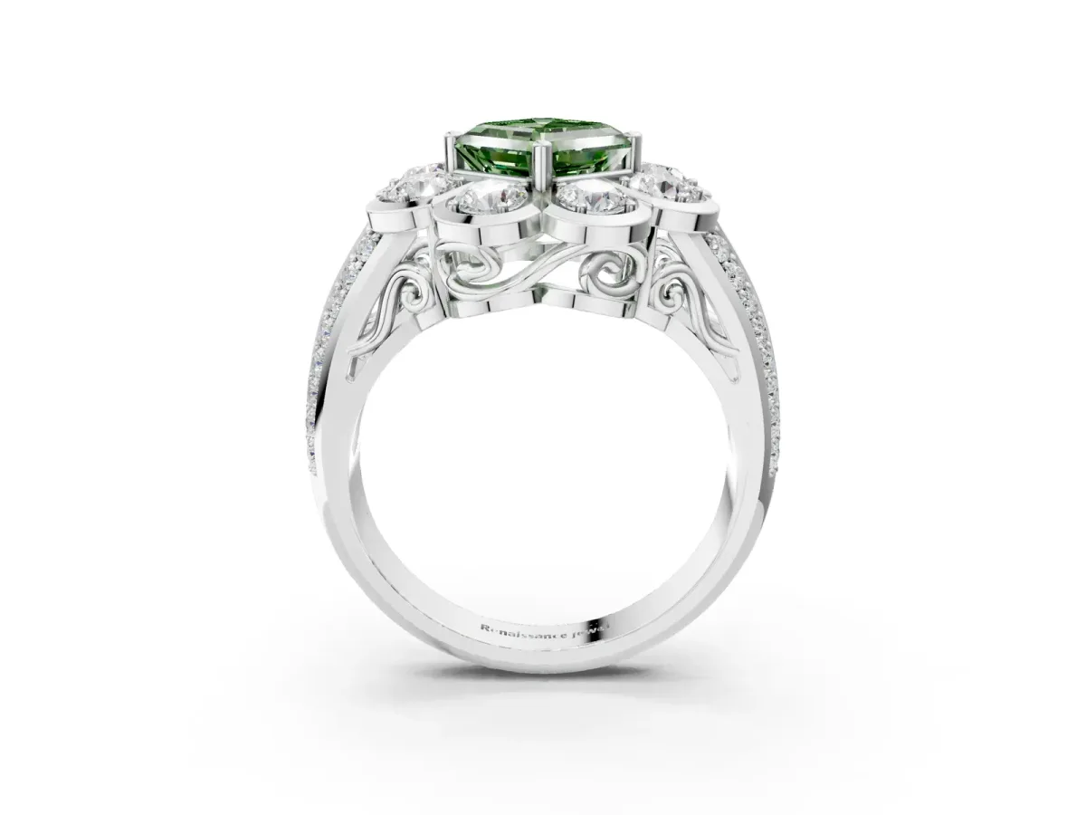 Fancy Green Asscher Cut Brilliant Flower Halo Diamond Split Shank Ring Platinum