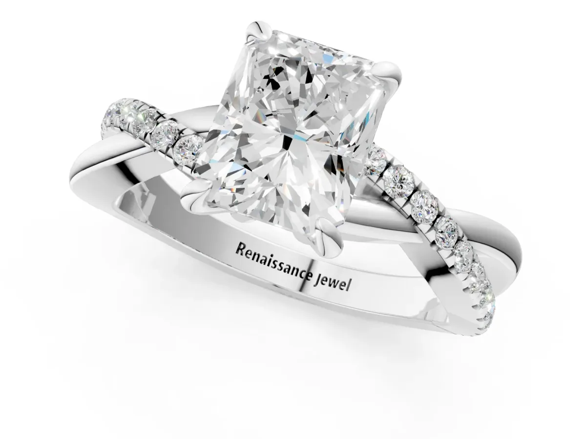 Radiant Cut Cut Twist Band Solitaire Diamond Ring with Pavé Setting Platinum