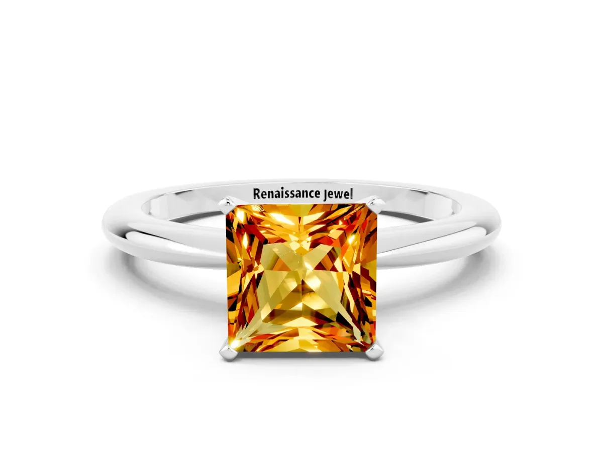 Princess Cut Citrine Solitaire Ring with Six-Prong Setting and Classic Band Silver