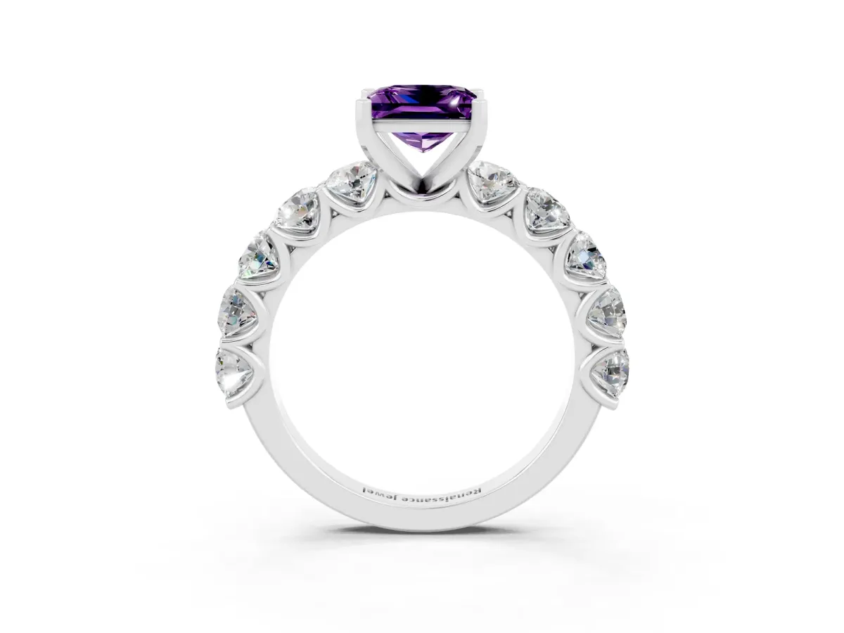 Princess Cut Amethyst Prong Setting with Side Stones on a Pave Band Silver