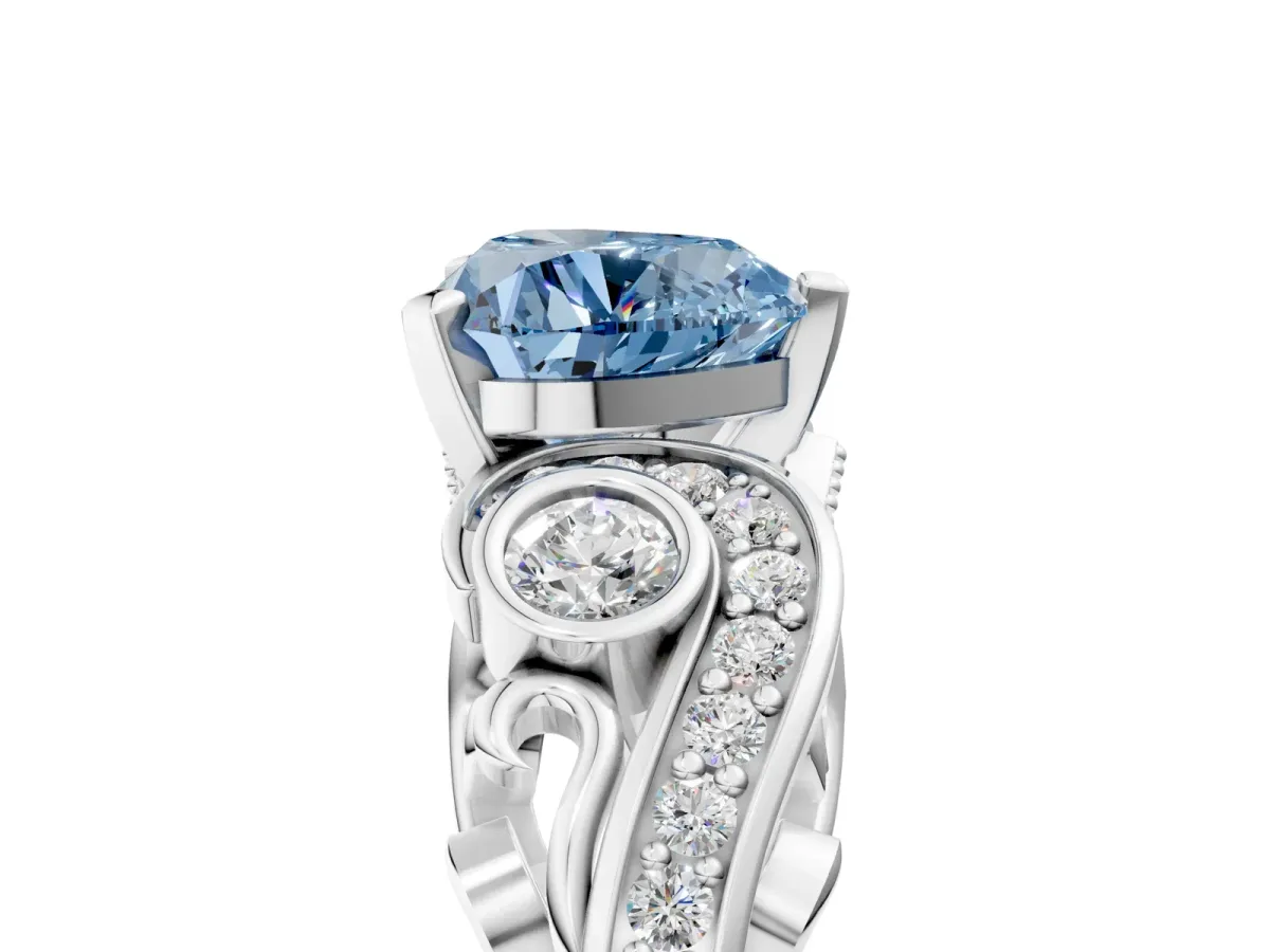 Fancy Blue Heart Cut Diamond Solitaire Ring with Milgrain Pavé Band and Four-Prong Setting Silver
