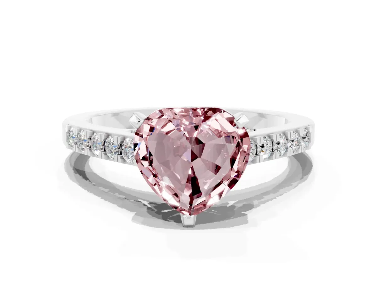 Heart Cut Morganite Solitaire Ring with Crossover Gallery and Round Pavé Band Silver