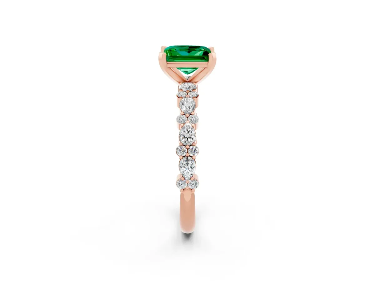 Princess Cut Emerald Side Stone Solitaire Ring with Round and Four-Prong Setting Rose gold