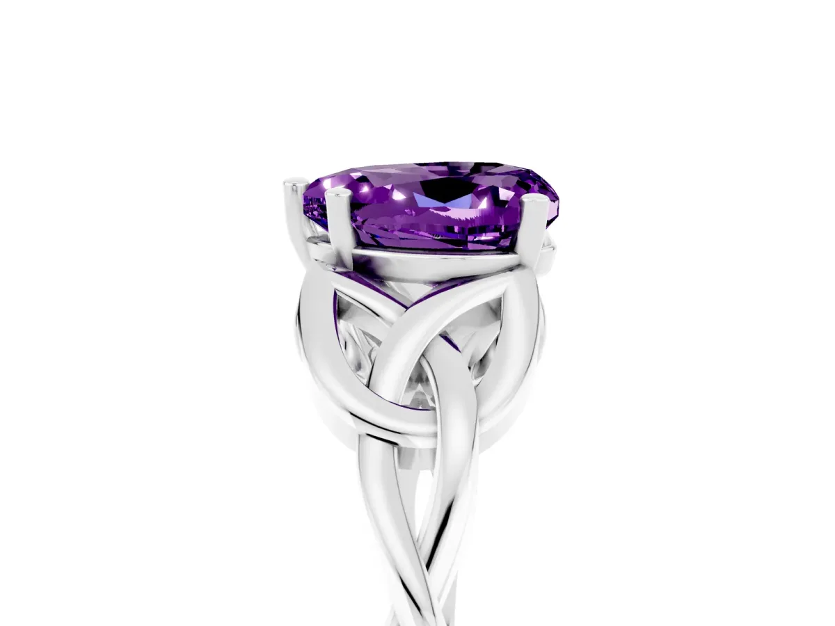 Heart Cut Amethyst Solitaire Engagement Ring with Celtic Knot Band and Four-Prong Setting Silver
